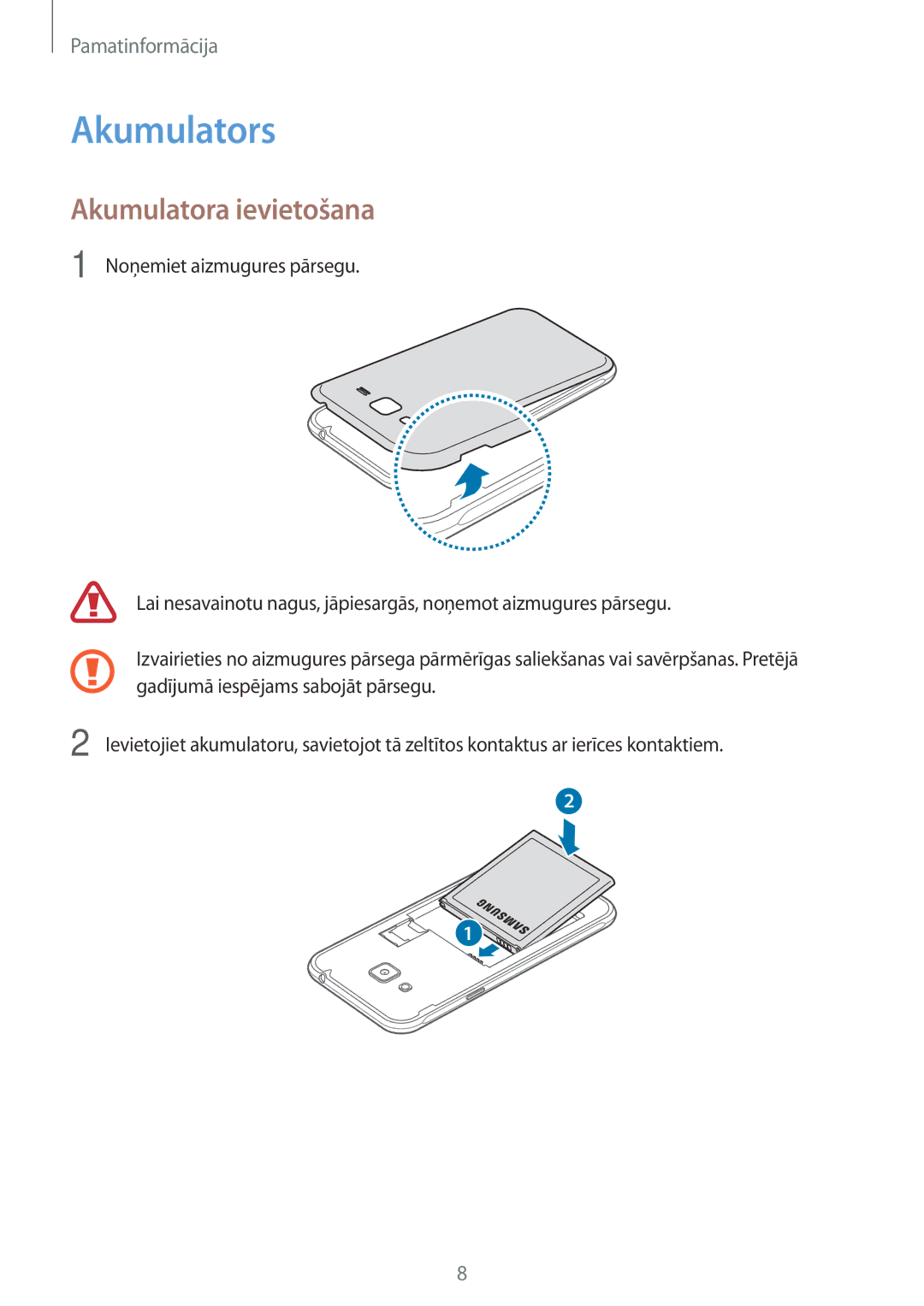 Samsung SM-J320FZDNSEB, SM-J320FZKNSEB manual Akumulators, Akumulatora ievietošana 