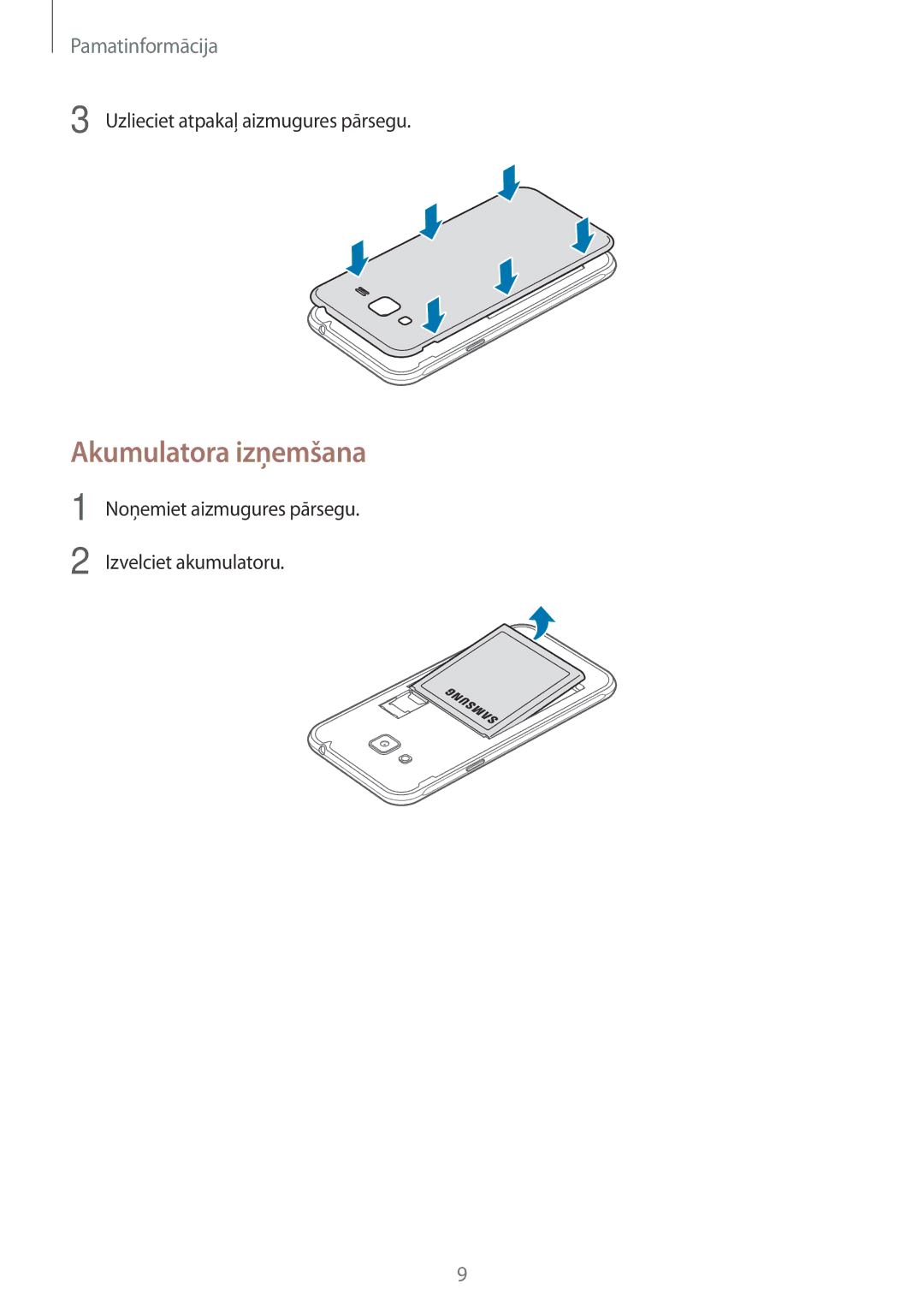 Samsung SM-J320FZKNSEB, SM-J320FZDNSEB manual Akumulatora izņemšana 