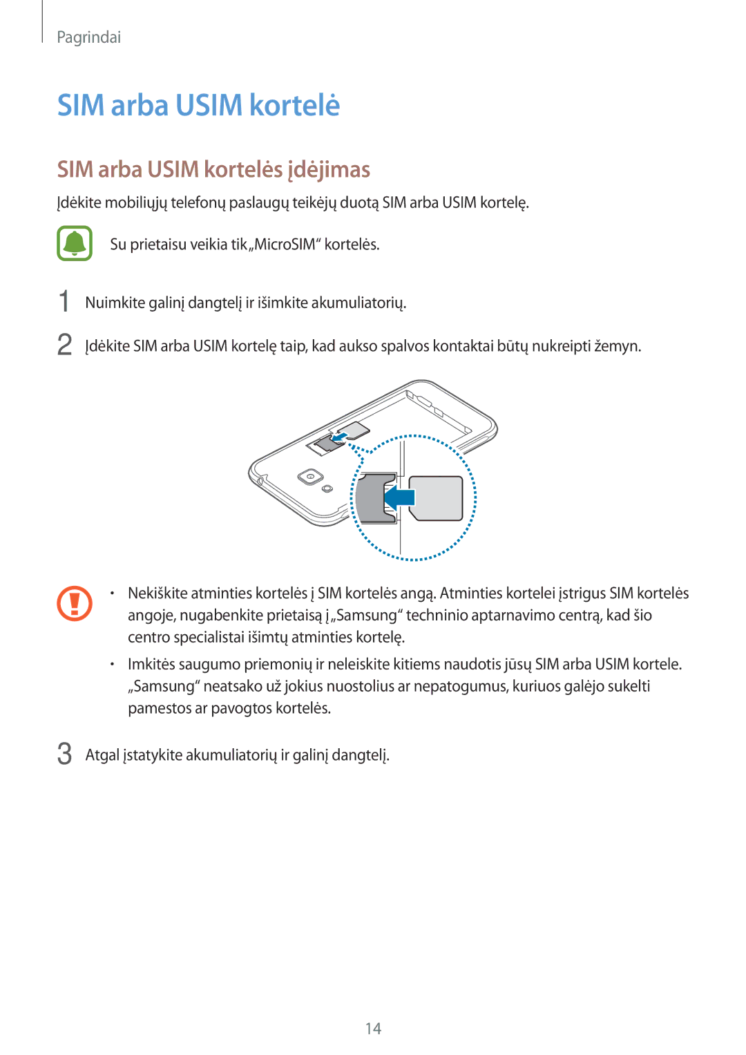 Samsung SM-J320FZDNSEB, SM-J320FZKNSEB manual SIM arba Usim kortelės įdėjimas 