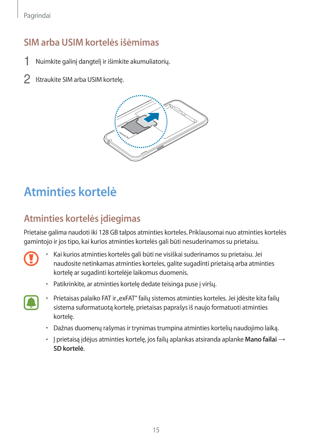 Samsung SM-J320FZKNSEB, SM-J320FZDNSEB manual SIM arba Usim kortelės išėmimas, Atminties kortelės įdiegimas 