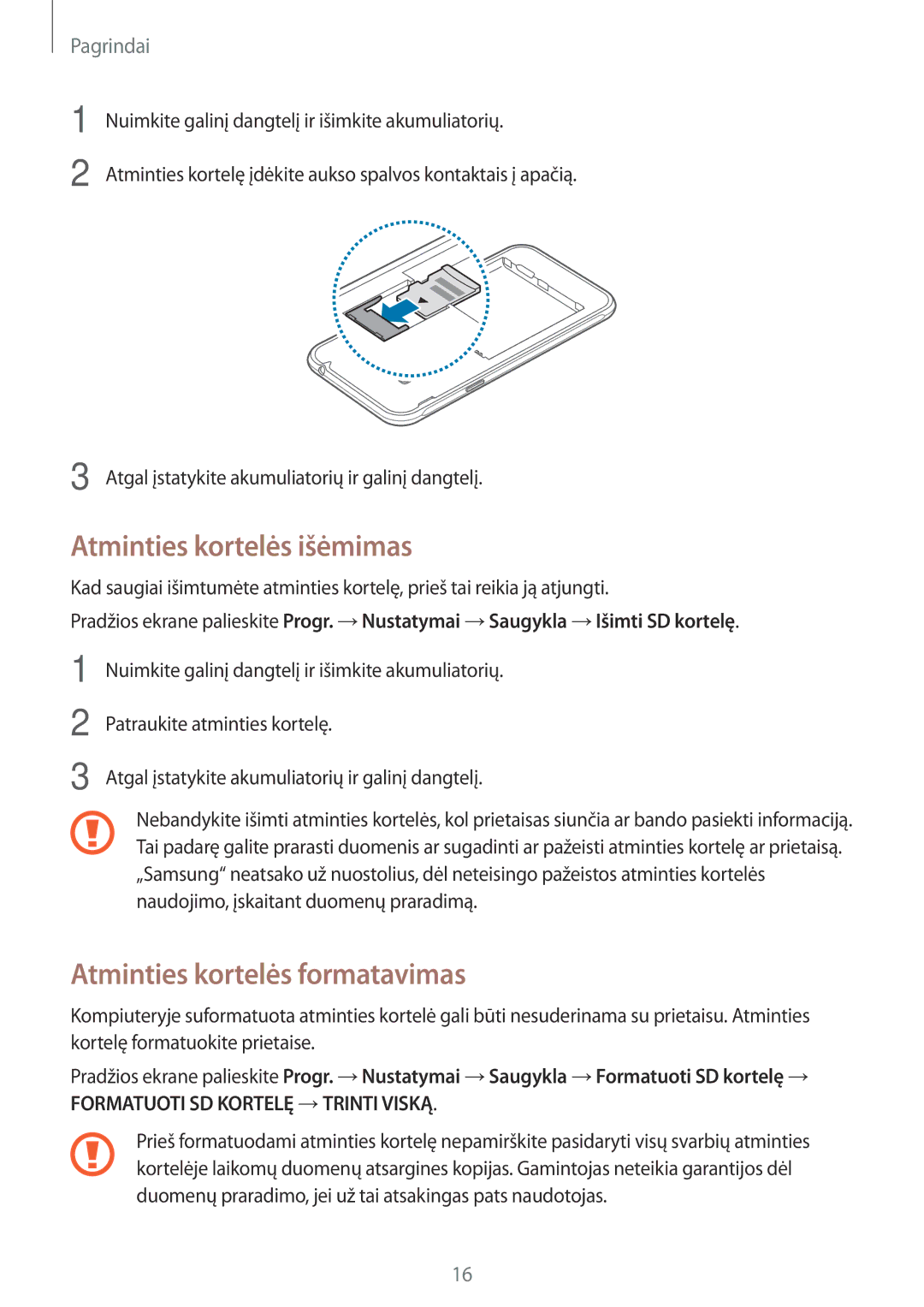 Samsung SM-J320FZDNSEB, SM-J320FZKNSEB manual Atminties kortelės išėmimas, Atminties kortelės formatavimas 