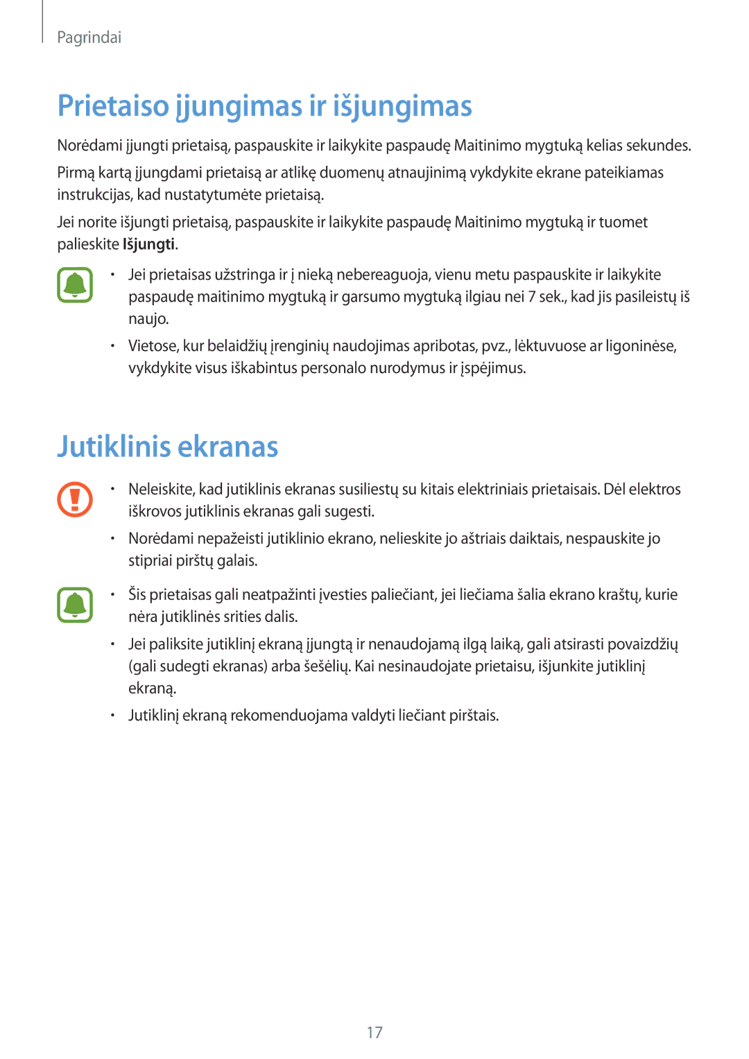 Samsung SM-J320FZKNSEB, SM-J320FZDNSEB manual Prietaiso įjungimas ir išjungimas, Jutiklinis ekranas 