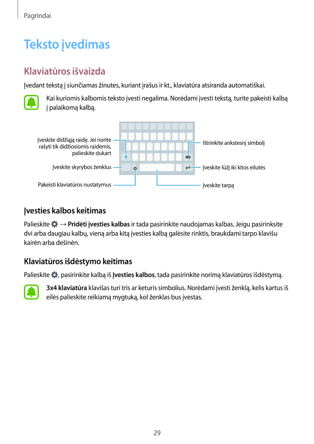 Samsung SM-J320FZKNSEB Teksto įvedimas, Klaviatūros išvaizda, Įvesties kalbos keitimas, Klaviatūros išdėstymo keitimas 