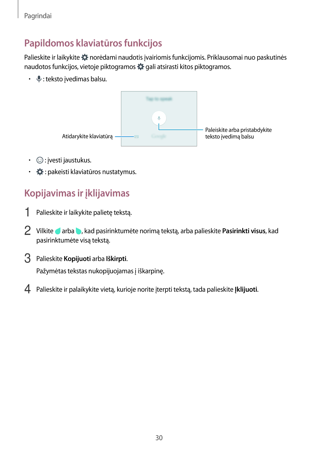 Samsung SM-J320FZDNSEB, SM-J320FZKNSEB manual Papildomos klaviatūros funkcijos, Kopijavimas ir įklijavimas 