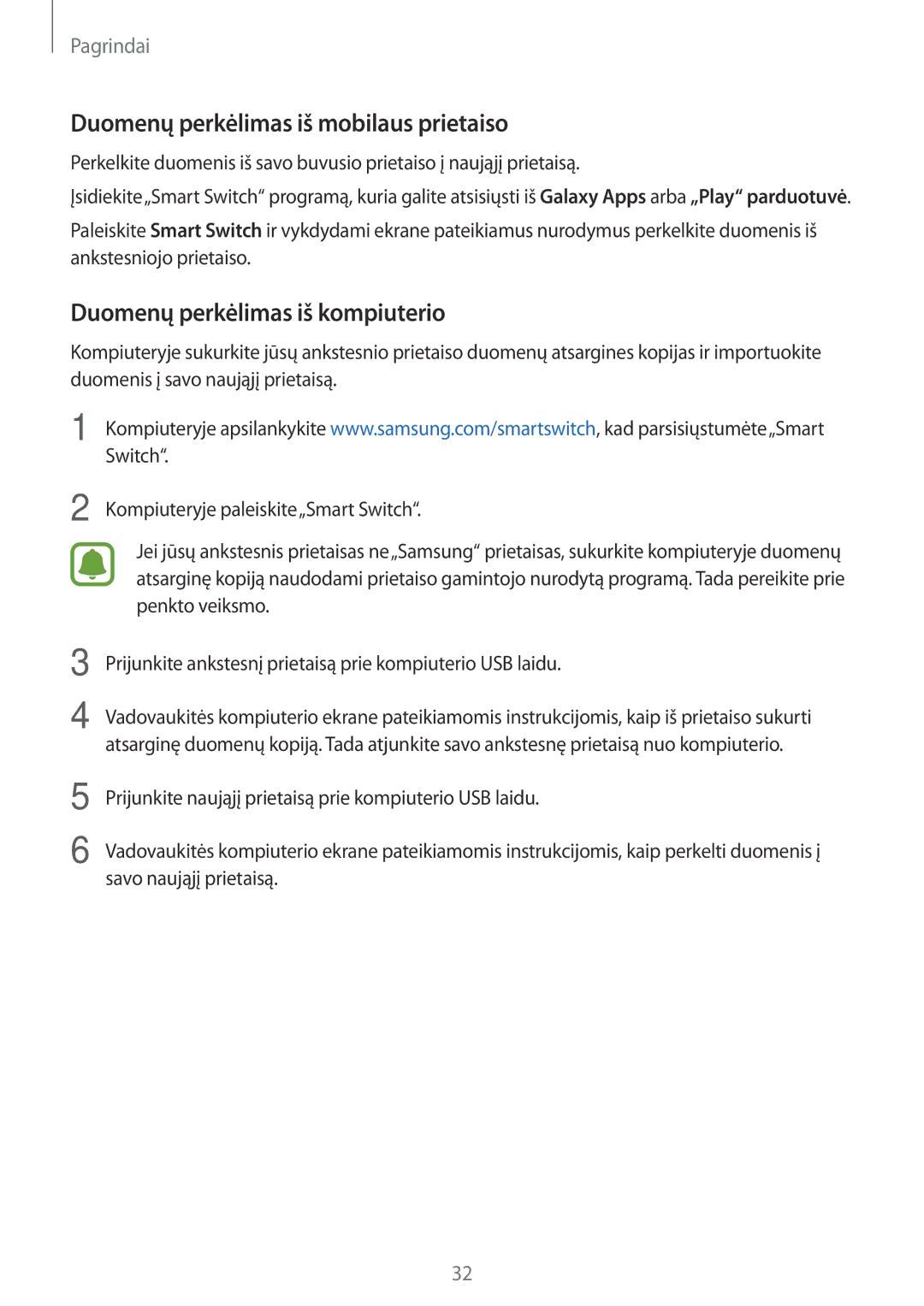 Samsung SM-J320FZDNSEB, SM-J320FZKNSEB manual Duomenų perkėlimas iš mobilaus prietaiso, Duomenų perkėlimas iš kompiuterio 