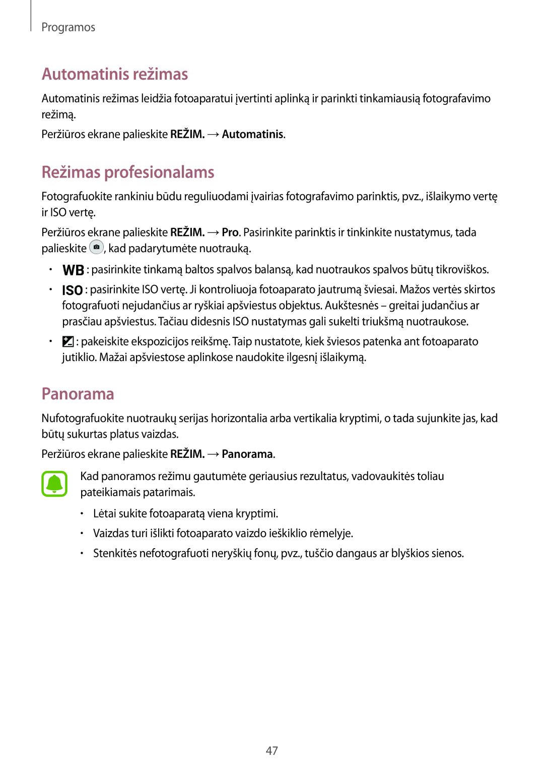 Samsung SM-J320FZKNSEB, SM-J320FZDNSEB manual Automatinis režimas, Režimas profesionalams, Panorama 