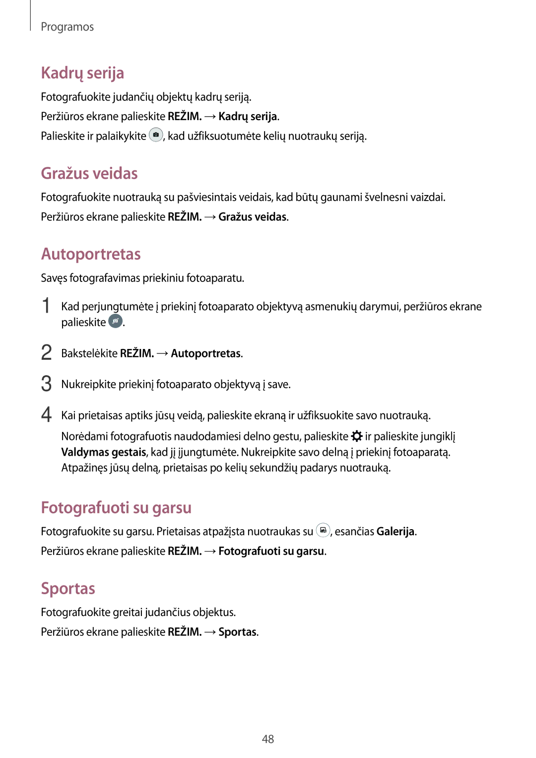 Samsung SM-J320FZDNSEB, SM-J320FZKNSEB manual Kadrų serija, Gražus veidas, Autoportretas, Fotografuoti su garsu, Sportas 