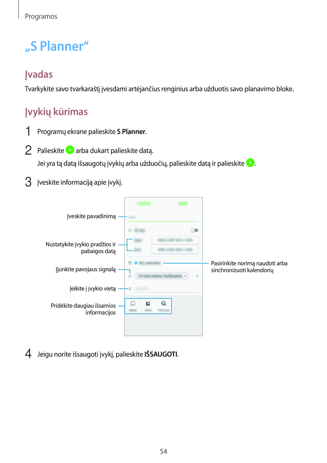 Samsung SM-J320FZDNSEB, SM-J320FZKNSEB manual „S Planner, Įvykių kūrimas 