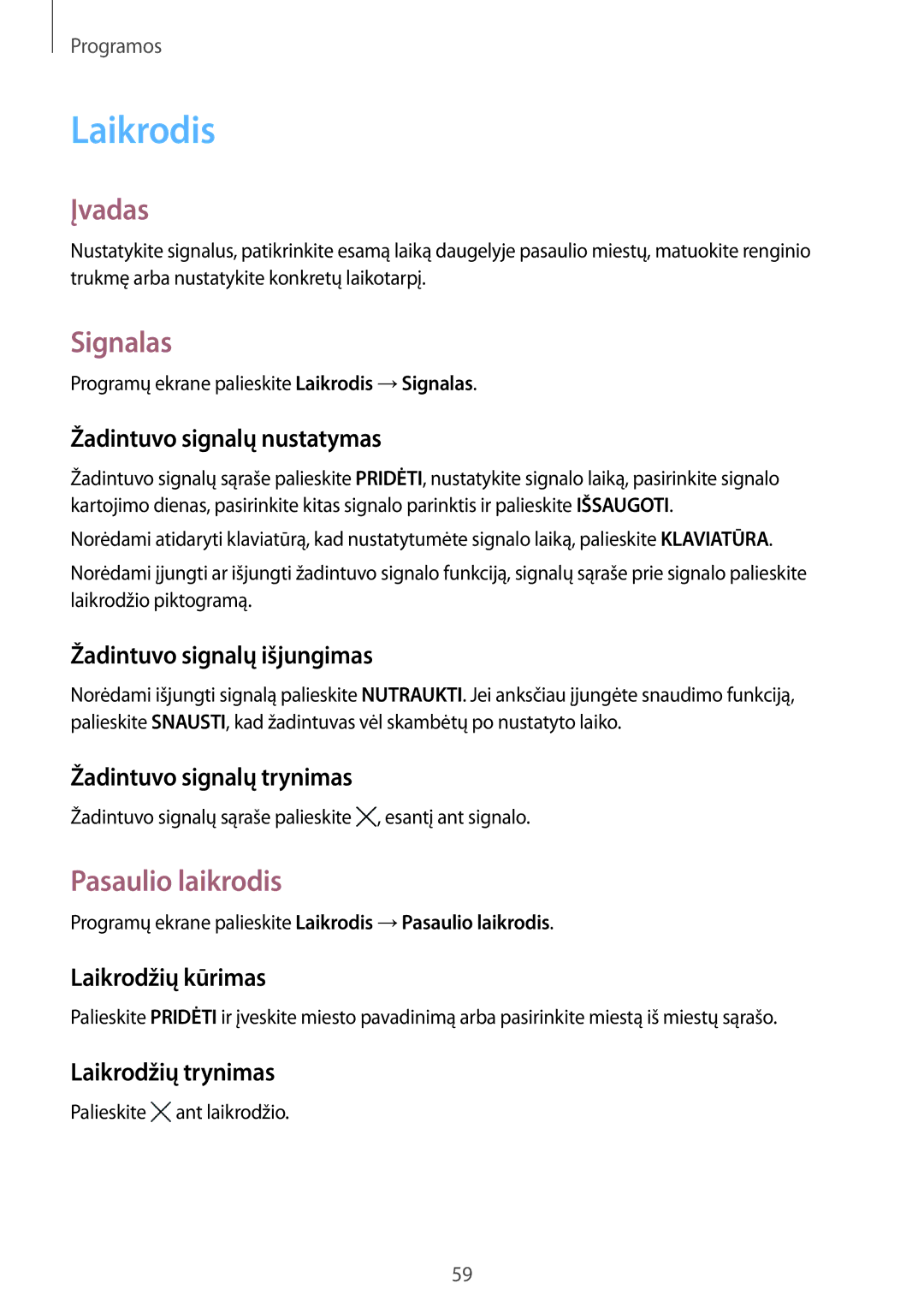 Samsung SM-J320FZKNSEB, SM-J320FZDNSEB manual Laikrodis, Signalas, Pasaulio laikrodis 