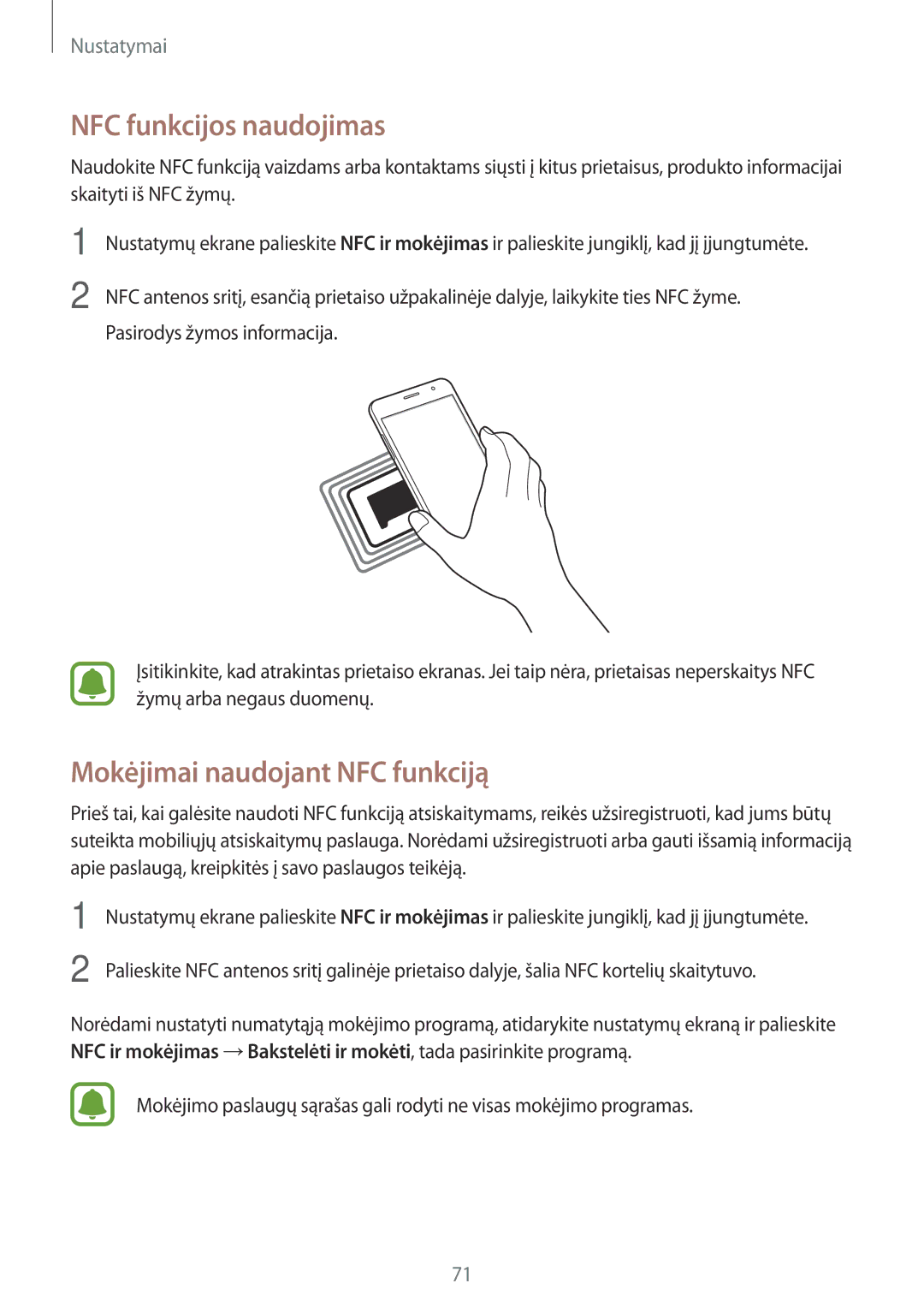 Samsung SM-J320FZKNSEB, SM-J320FZDNSEB manual NFC funkcijos naudojimas, Mokėjimai naudojant NFC funkciją 