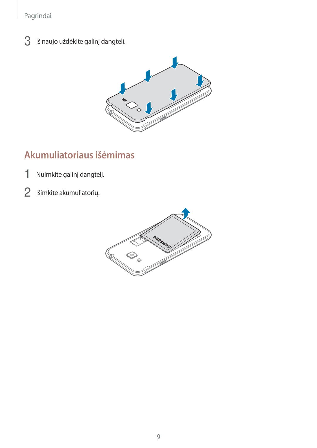 Samsung SM-J320FZKNSEB, SM-J320FZDNSEB manual Akumuliatoriaus išėmimas 