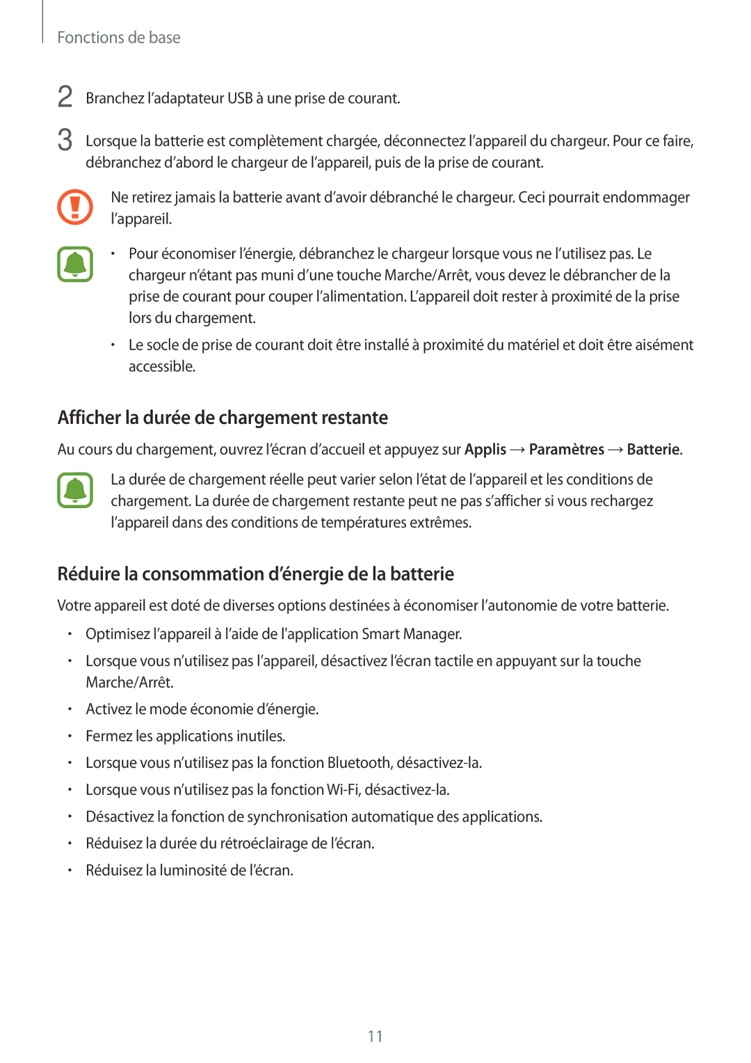 Samsung SM-J320FZKNXEF manual Afficher la durée de chargement restante, Réduire la consommation d’énergie de la batterie 