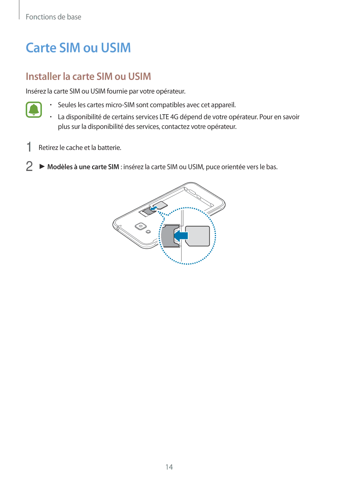 Samsung SM-J320FZKNXEF, SM-J320FZDNXEF, SM-J320FZWNXEF manual Carte SIM ou Usim, Installer la carte SIM ou Usim 