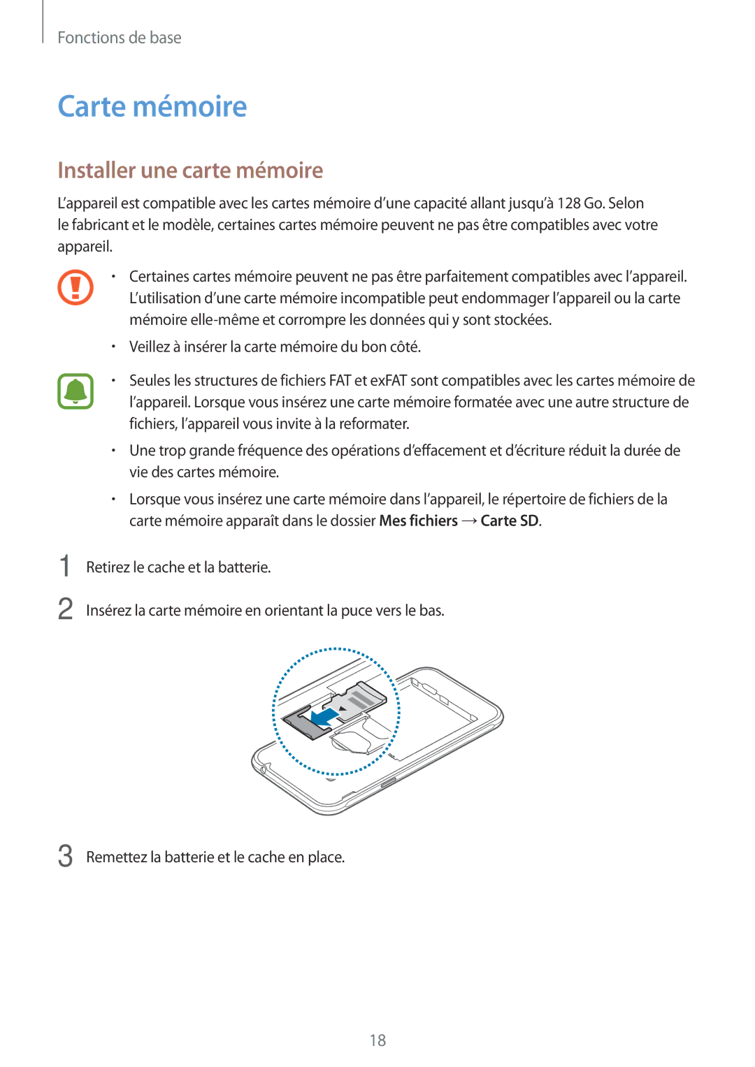 Samsung SM-J320FZDNXEF, SM-J320FZWNXEF, SM-J320FZKNXEF manual Carte mémoire, Installer une carte mémoire 