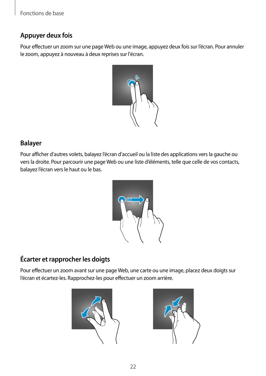 Samsung SM-J320FZWNXEF, SM-J320FZDNXEF, SM-J320FZKNXEF manual Appuyer deux fois, Balayer, Écarter et rapprocher les doigts 