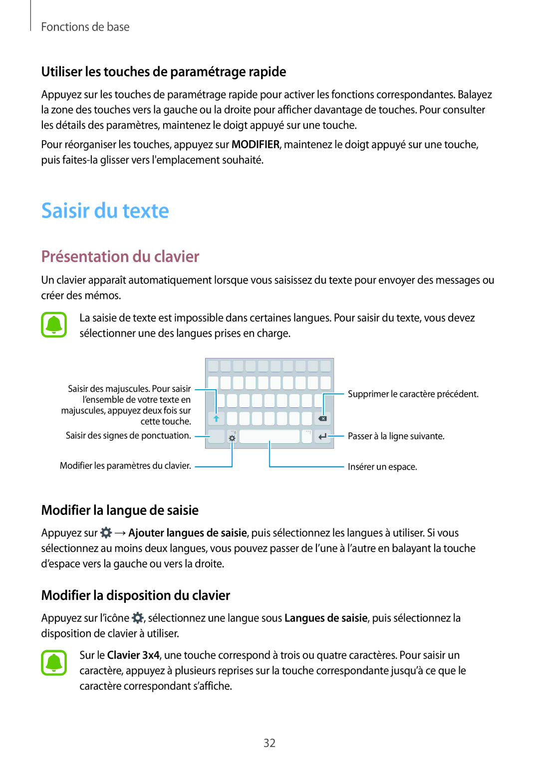 Samsung SM-J320FZKNXEF manual Saisir du texte, Présentation du clavier, Utiliser les touches de paramétrage rapide 