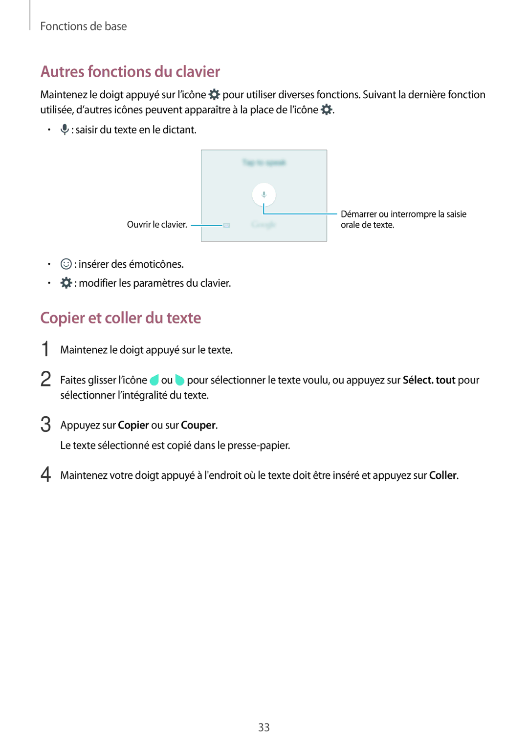 Samsung SM-J320FZDNXEF, SM-J320FZWNXEF, SM-J320FZKNXEF manual Autres fonctions du clavier, Copier et coller du texte 