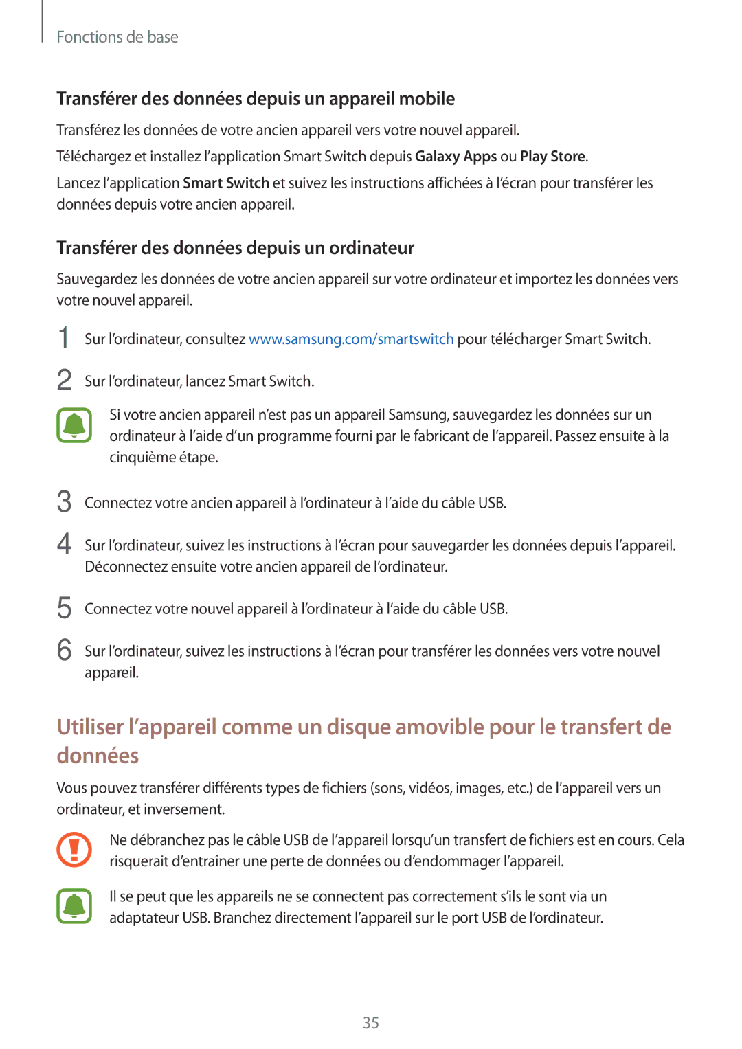 Samsung SM-J320FZKNXEF manual Transférer des données depuis un appareil mobile, Transférer des données depuis un ordinateur 