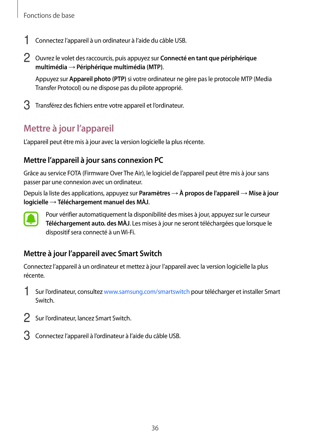 Samsung SM-J320FZDNXEF, SM-J320FZWNXEF, SM-J320FZKNXEF Mettre à jour l’appareil, Mettre l’appareil à jour sans connexion PC 