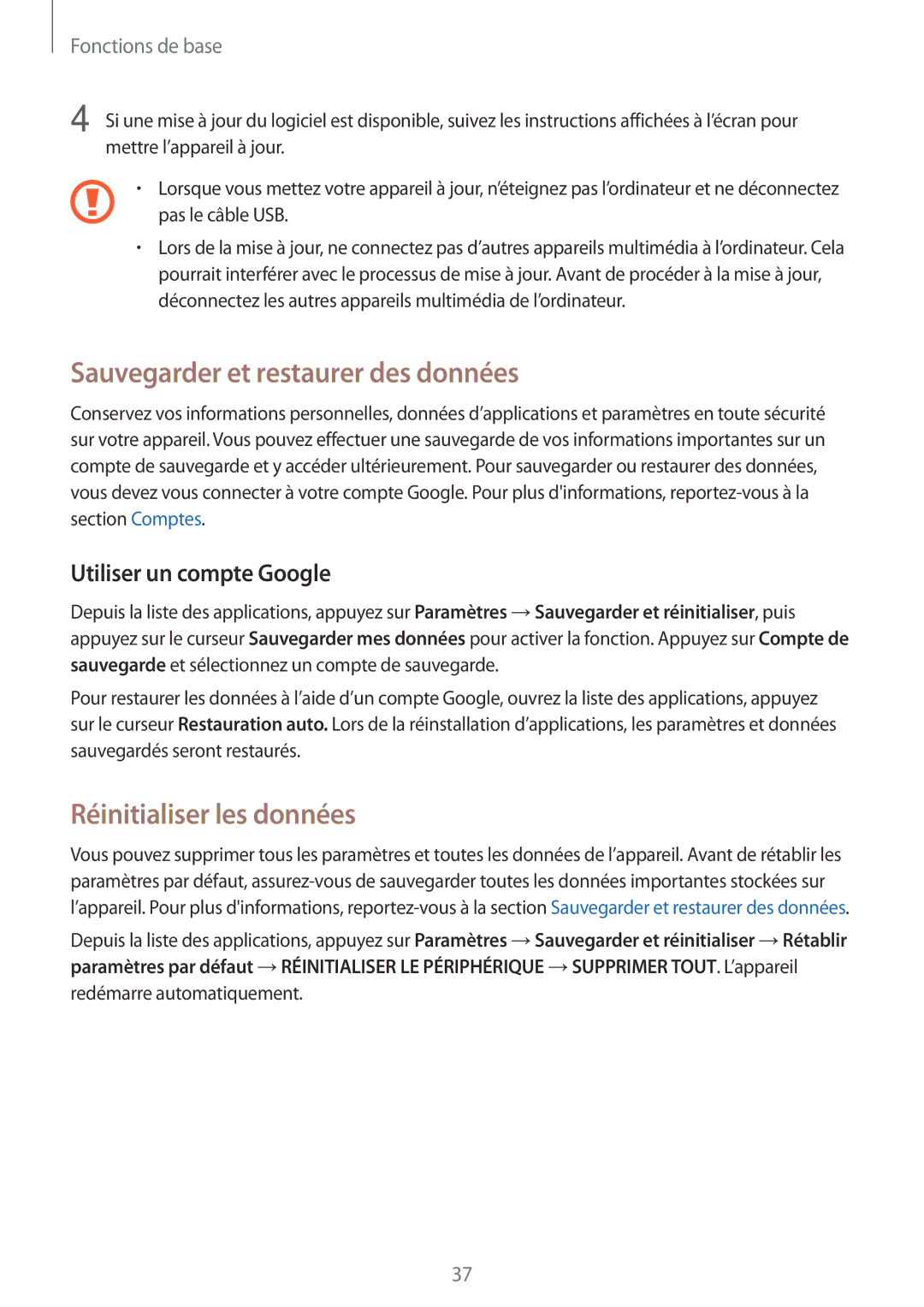 Samsung SM-J320FZWNXEF manual Sauvegarder et restaurer des données, Réinitialiser les données, Utiliser un compte Google 