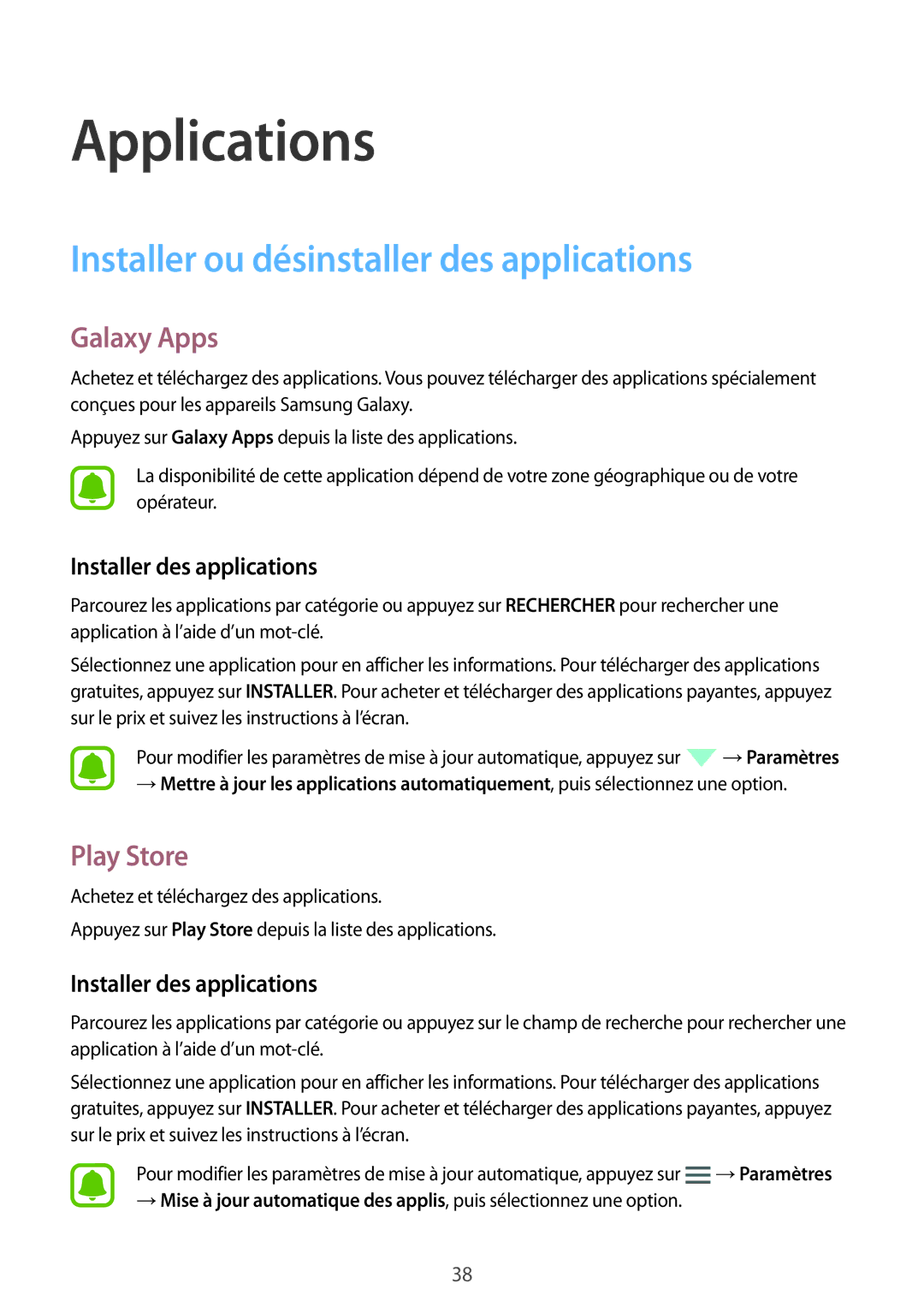 Samsung SM-J320FZKNXEF Installer ou désinstaller des applications, Galaxy Apps, Play Store, Installer des applications 