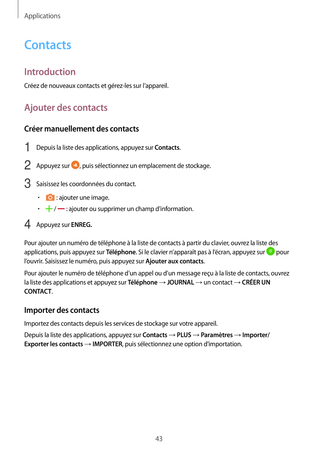 Samsung SM-J320FZWNXEF manual Contacts, Ajouter des contacts, Créer manuellement des contacts, Importer des contacts 