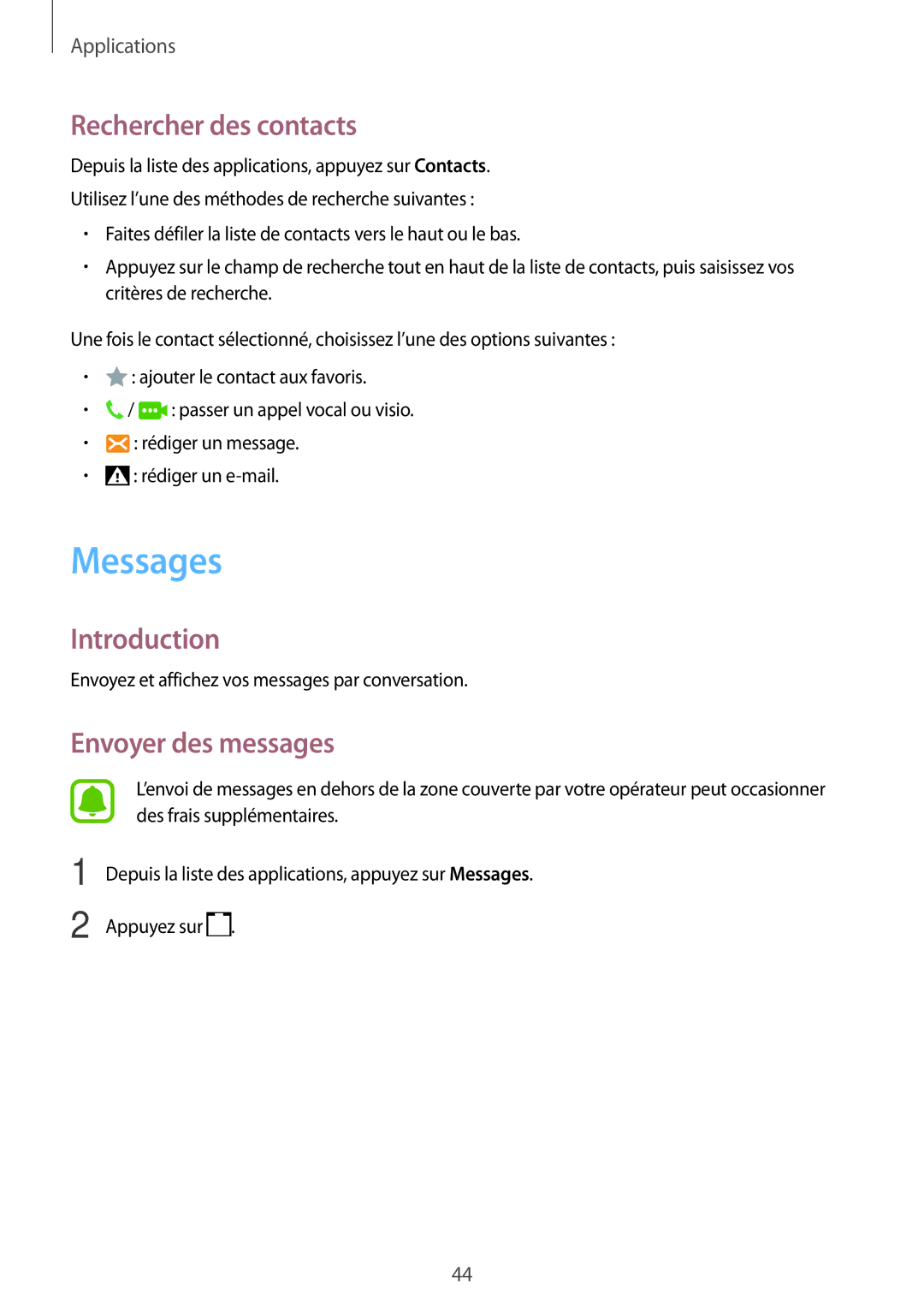 Samsung SM-J320FZKNXEF, SM-J320FZDNXEF, SM-J320FZWNXEF manual Messages, Rechercher des contacts, Envoyer des messages 