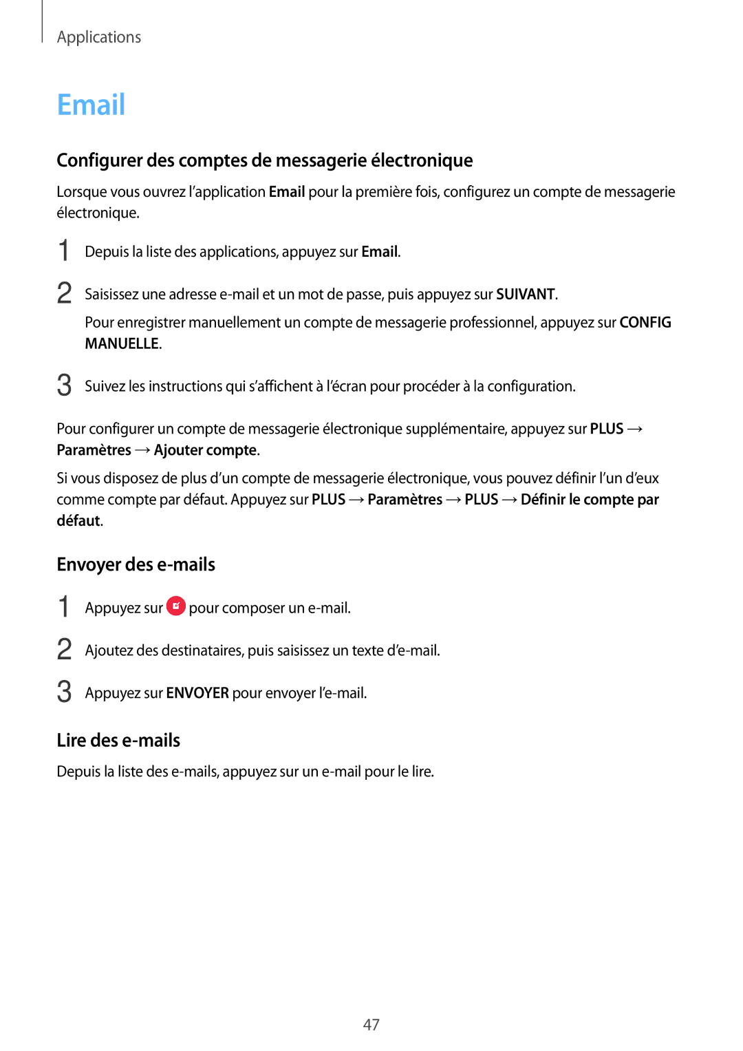 Samsung SM-J320FZKNXEF manual Configurer des comptes de messagerie électronique, Envoyer des e-mails, Lire des e-mails 