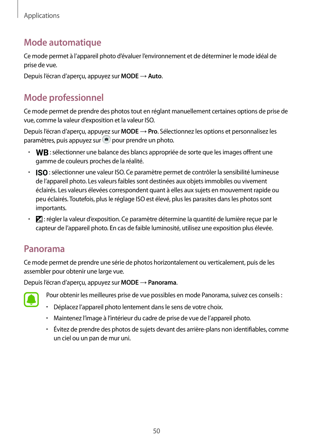 Samsung SM-J320FZKNXEF, SM-J320FZDNXEF, SM-J320FZWNXEF manual Mode automatique, Mode professionnel, Panorama 