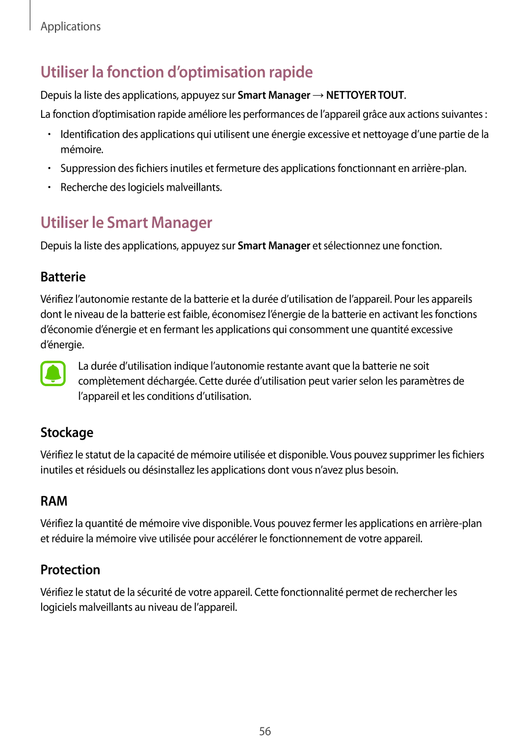 Samsung SM-J320FZKNXEF manual Utiliser la fonction d’optimisation rapide, Utiliser le Smart Manager, Batterie, Stockage 