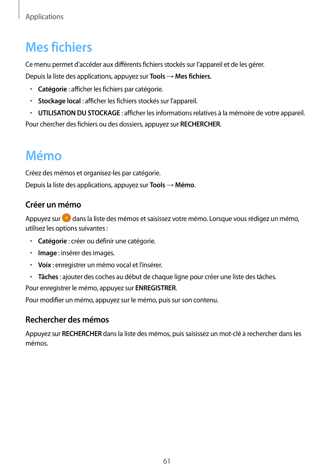 Samsung SM-J320FZWNXEF, SM-J320FZDNXEF, SM-J320FZKNXEF manual Mes fichiers, Mémo, Créer un mémo, Rechercher des mémos 