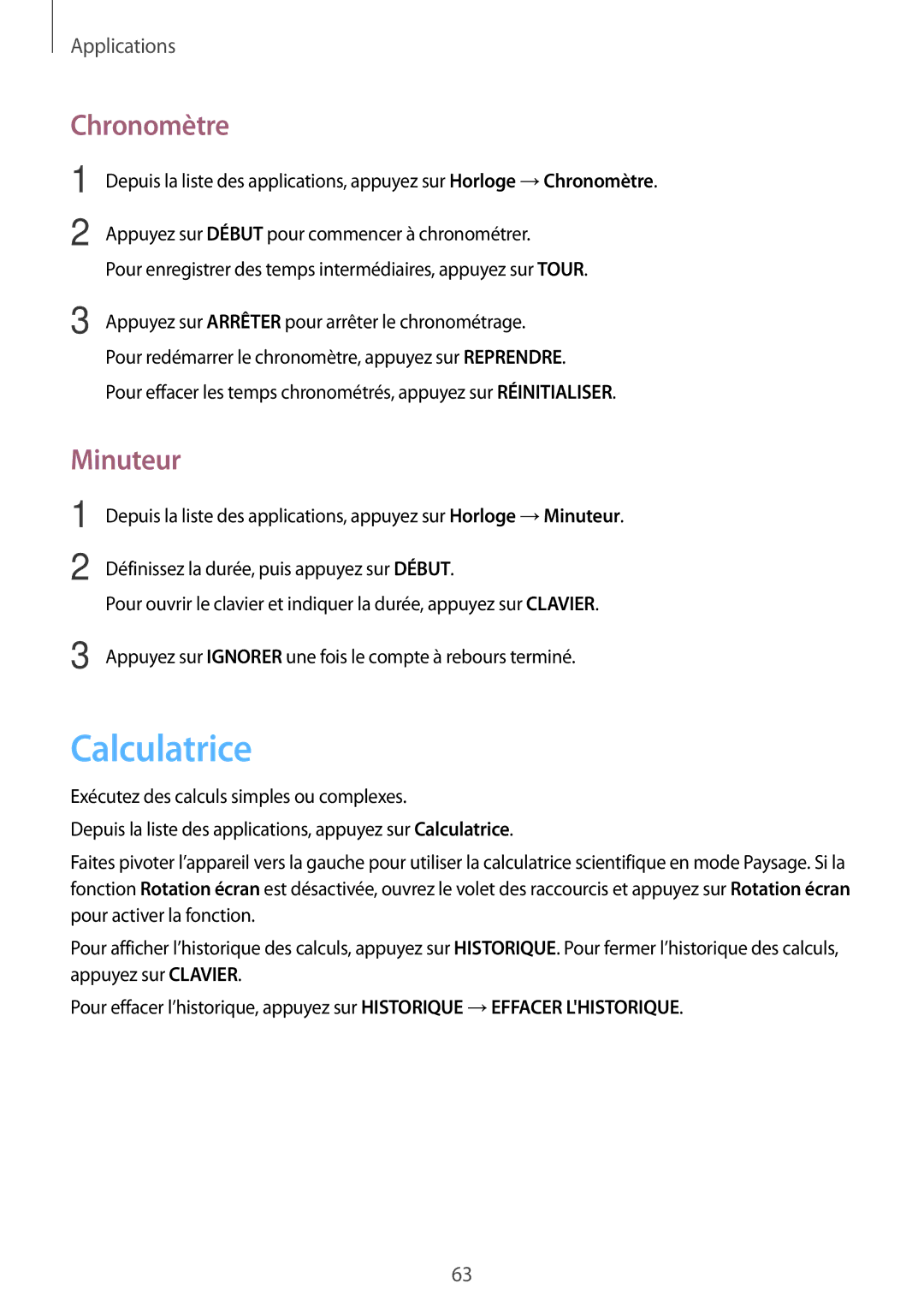 Samsung SM-J320FZDNXEF, SM-J320FZWNXEF, SM-J320FZKNXEF manual Calculatrice, Chronomètre, Minuteur 