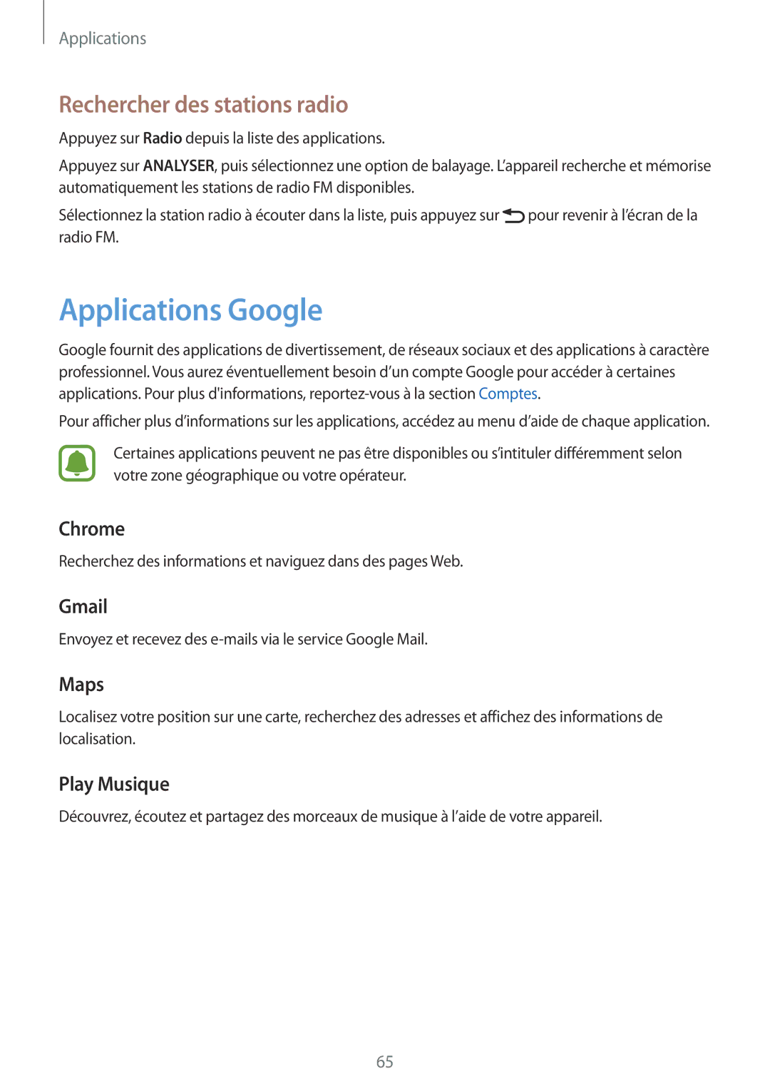 Samsung SM-J320FZKNXEF, SM-J320FZDNXEF, SM-J320FZWNXEF manual Applications Google, Rechercher des stations radio 