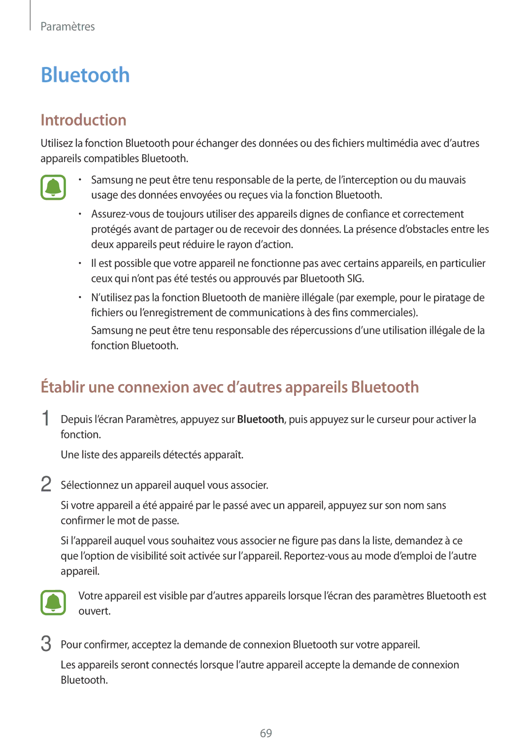 Samsung SM-J320FZDNXEF, SM-J320FZWNXEF, SM-J320FZKNXEF manual Établir une connexion avec d’autres appareils Bluetooth 