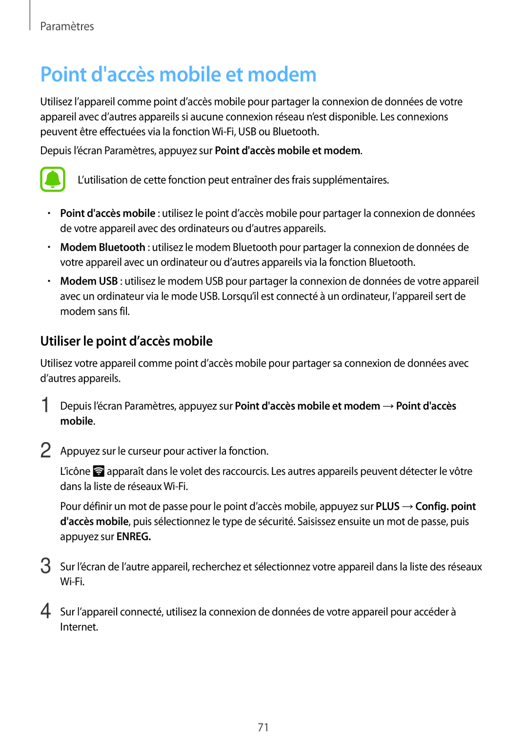 Samsung SM-J320FZKNXEF, SM-J320FZDNXEF, SM-J320FZWNXEF manual Point daccès mobile et modem, Utiliser le point d’accès mobile 