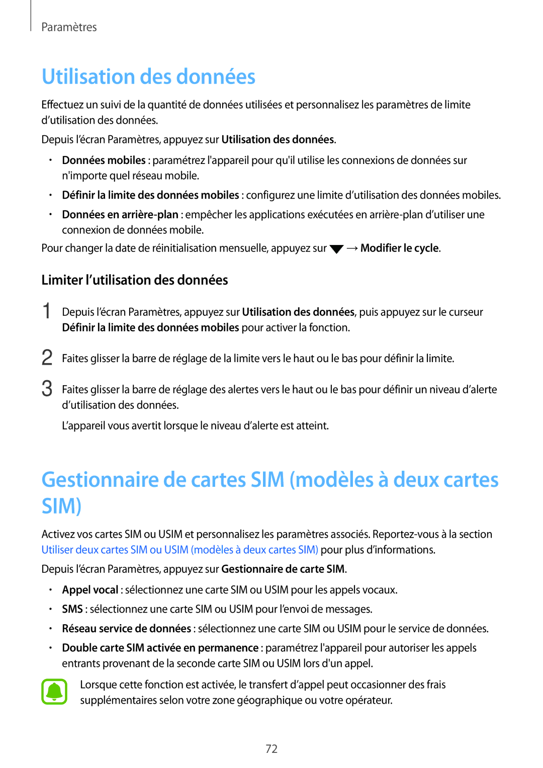 Samsung SM-J320FZDNXEF, SM-J320FZWNXEF manual Utilisation des données, Gestionnaire de cartes SIM modèles à deux cartes SIM 