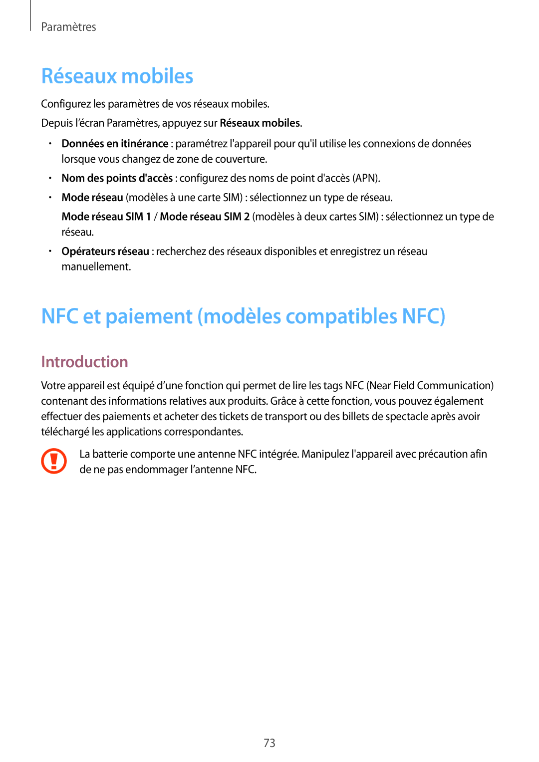 Samsung SM-J320FZWNXEF, SM-J320FZDNXEF, SM-J320FZKNXEF manual Réseaux mobiles, NFC et paiement modèles compatibles NFC 