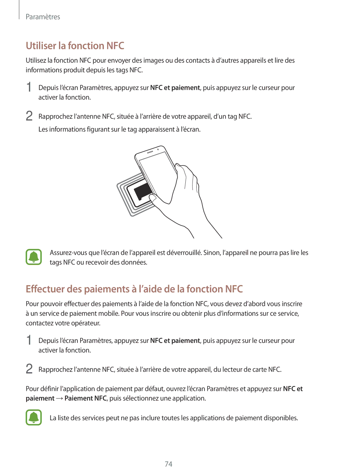 Samsung SM-J320FZKNXEF, SM-J320FZDNXEF manual Utiliser la fonction NFC, Effectuer des paiements à l’aide de la fonction NFC 