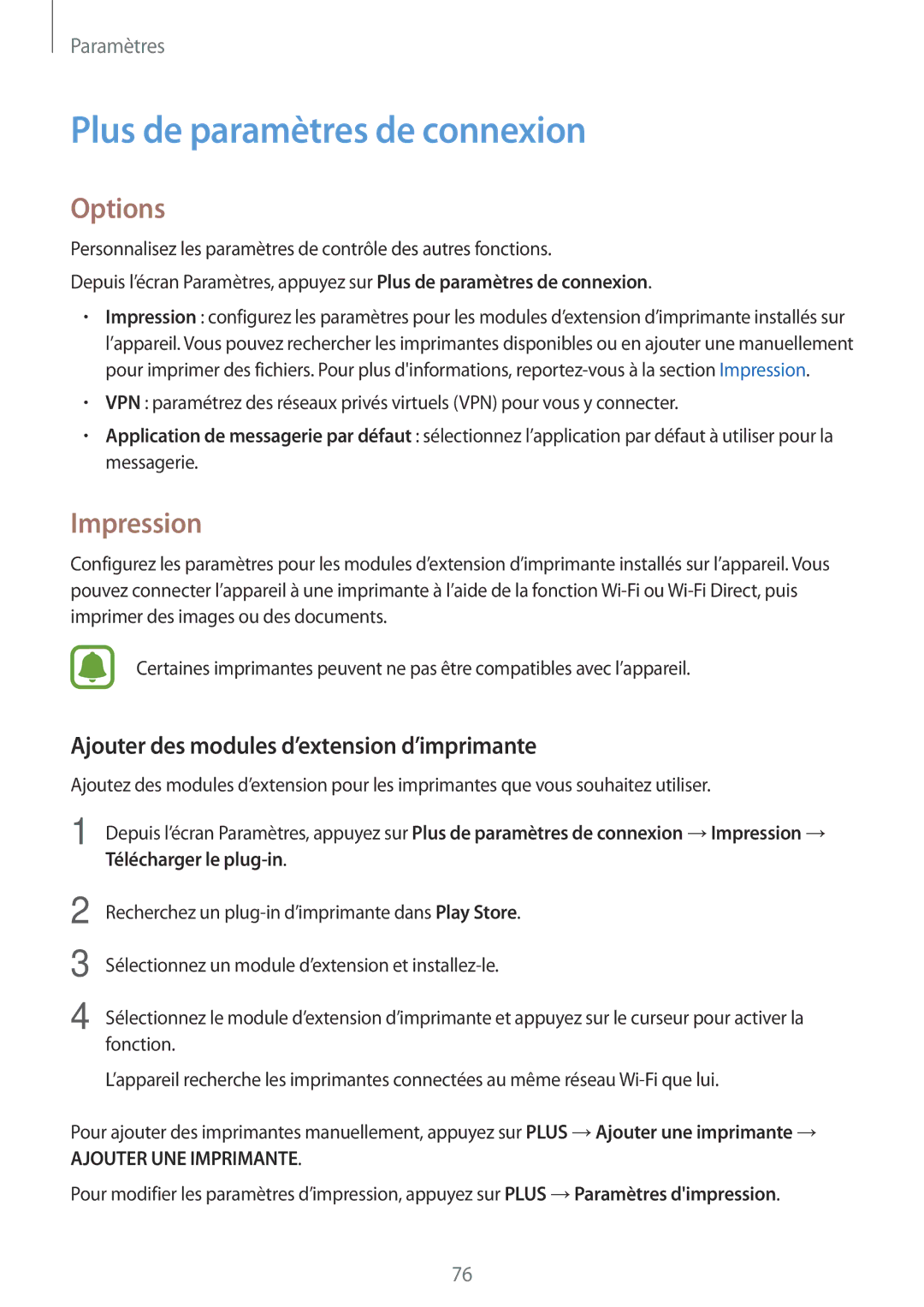 Samsung SM-J320FZWNXEF Plus de paramètres de connexion, Options, Impression, Ajouter des modules d’extension d’imprimante 