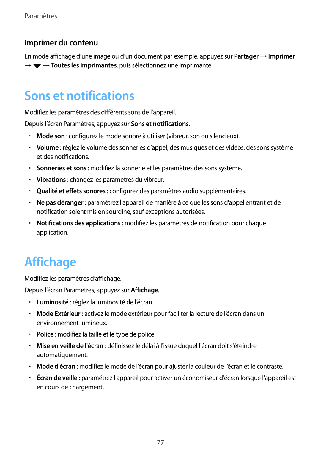 Samsung SM-J320FZKNXEF, SM-J320FZDNXEF, SM-J320FZWNXEF manual Sons et notifications, Affichage, Imprimer du contenu 