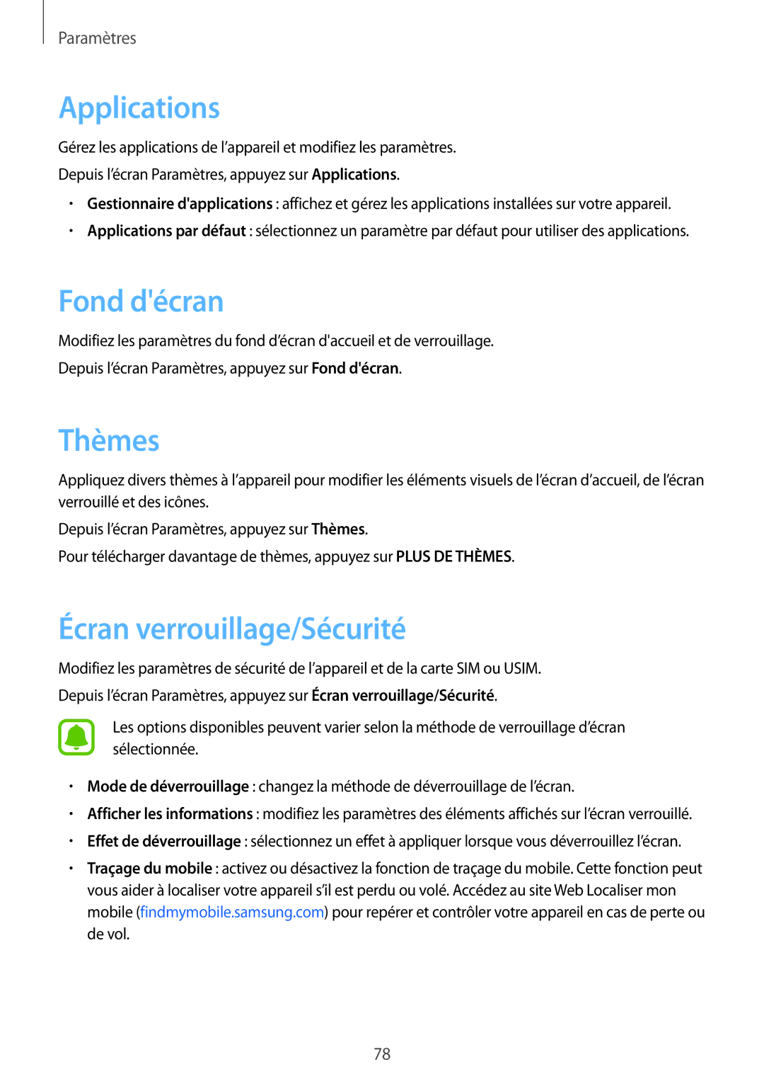 Samsung SM-J320FZDNXEF, SM-J320FZWNXEF, SM-J320FZKNXEF manual Applications, Fond décran, Thèmes, Écran verrouillage/Sécurité 