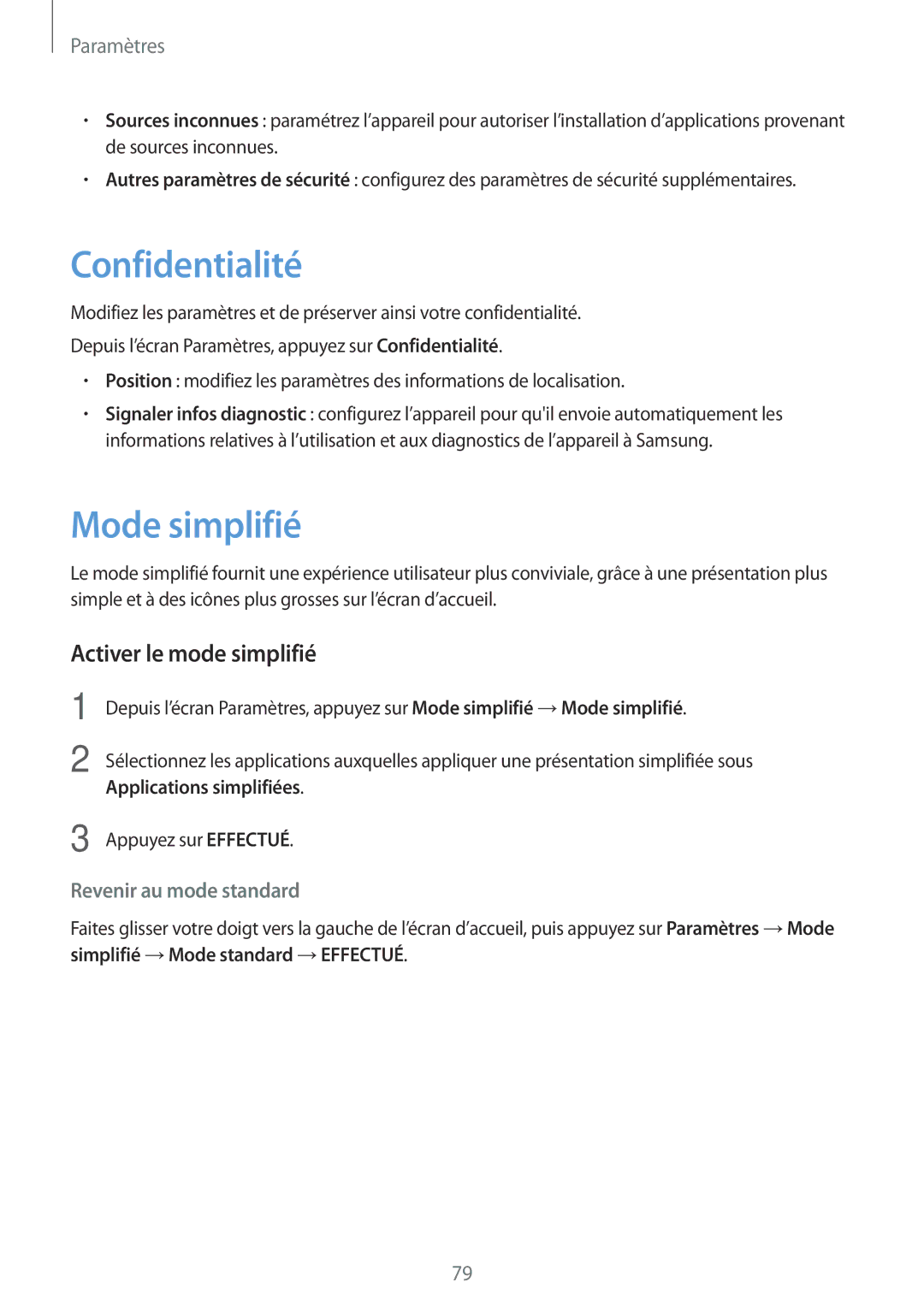 Samsung SM-J320FZWNXEF, SM-J320FZDNXEF, SM-J320FZKNXEF manual Confidentialité, Mode simplifié, Activer le mode simplifié 