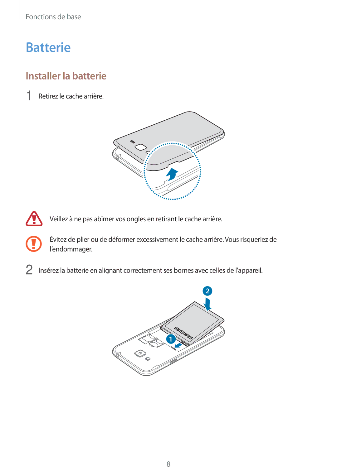 Samsung SM-J320FZKNXEF, SM-J320FZDNXEF, SM-J320FZWNXEF manual Batterie, Installer la batterie 