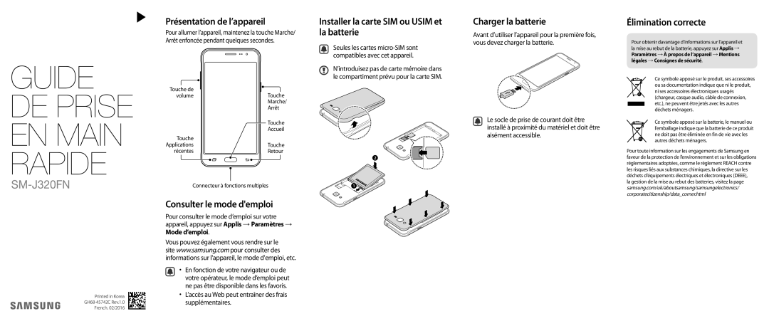 Samsung SM-J320FZWNXEF, SM-J320FZDNXEF manual Présentation de l’appareil, Consulter le mode demploi, Charger la batterie 