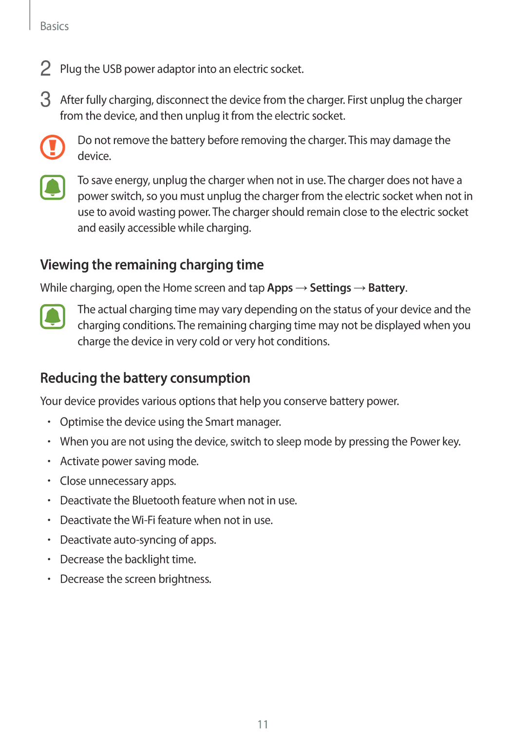 Samsung SM-J320FZDNITV, SM-J320FZKDDBT manual Viewing the remaining charging time, Reducing the battery consumption 