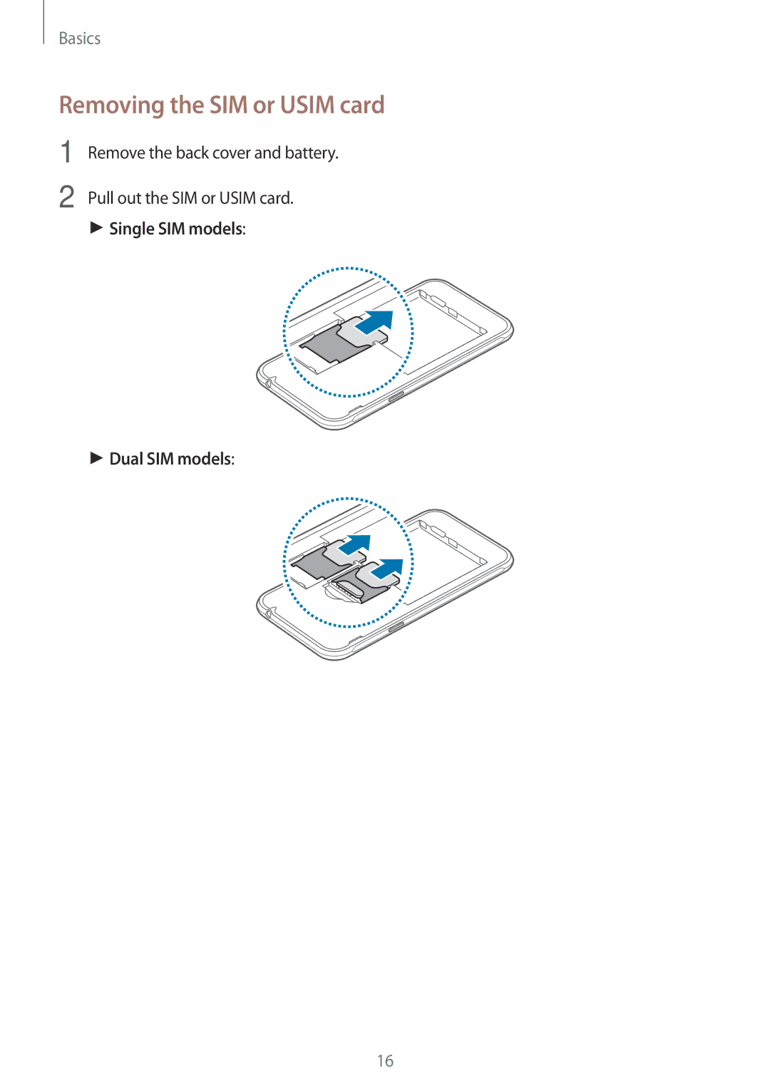 Samsung SM-J320FZWDKSA, SM-J320FZKDDBT, SM-J320FZDDDBT, SM-J320FZWDDBT, SM-J320FZDNXEF manual Removing the SIM or Usim card 