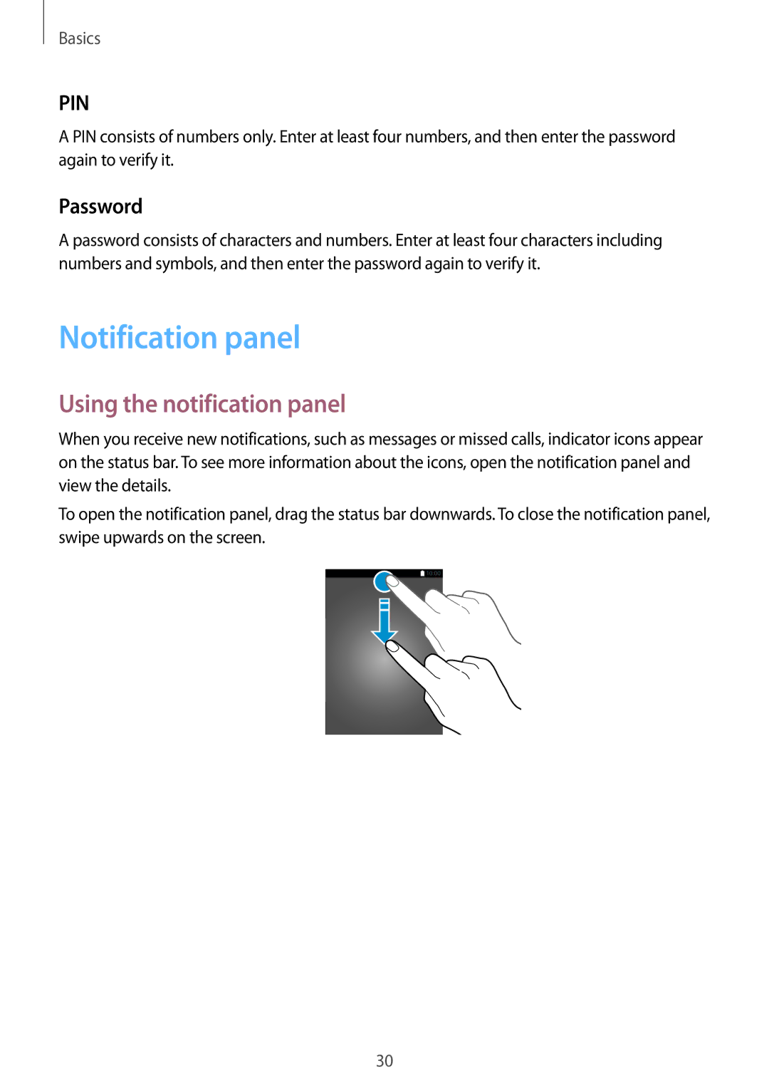 Samsung SM-J320FZKNO2C, SM-J320FZKDDBT, SM-J320FZDDDBT manual Notification panel, Using the notification panel, Password 