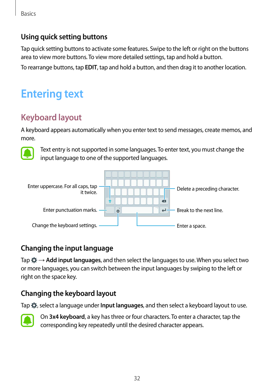 Samsung SM-J320FZDNNEE manual Entering text, Keyboard layout, Using quick setting buttons, Changing the input language 