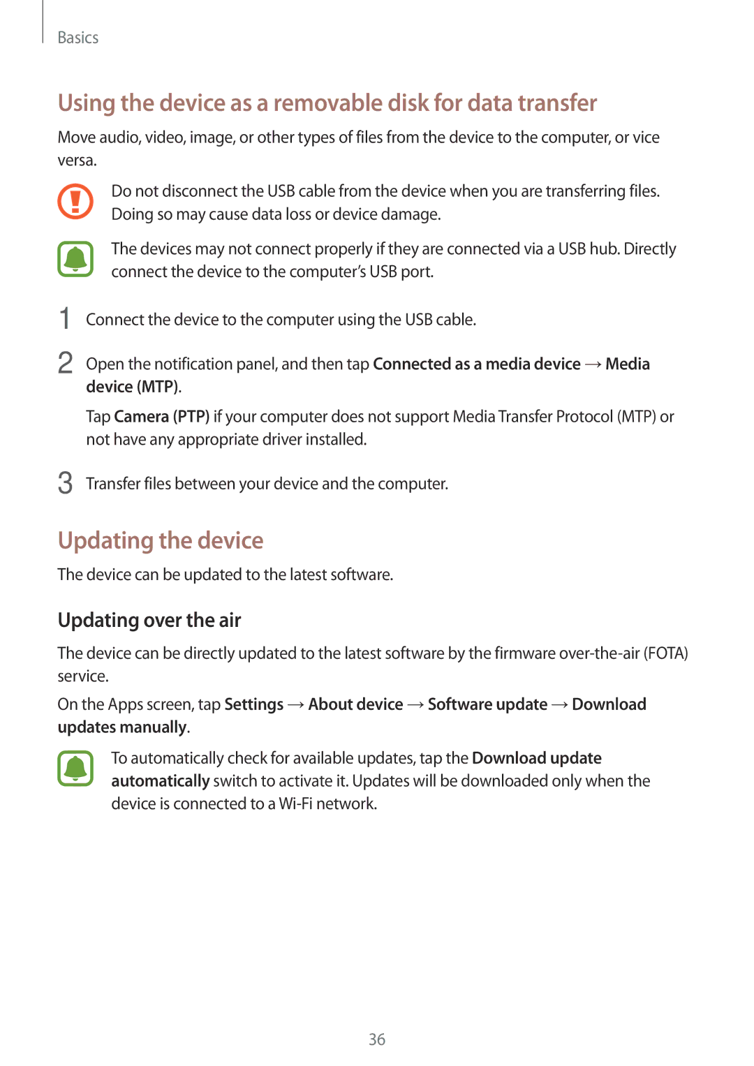 Samsung SM-J320FZWNEUR Using the device as a removable disk for data transfer, Updating the device, Updating over the air 