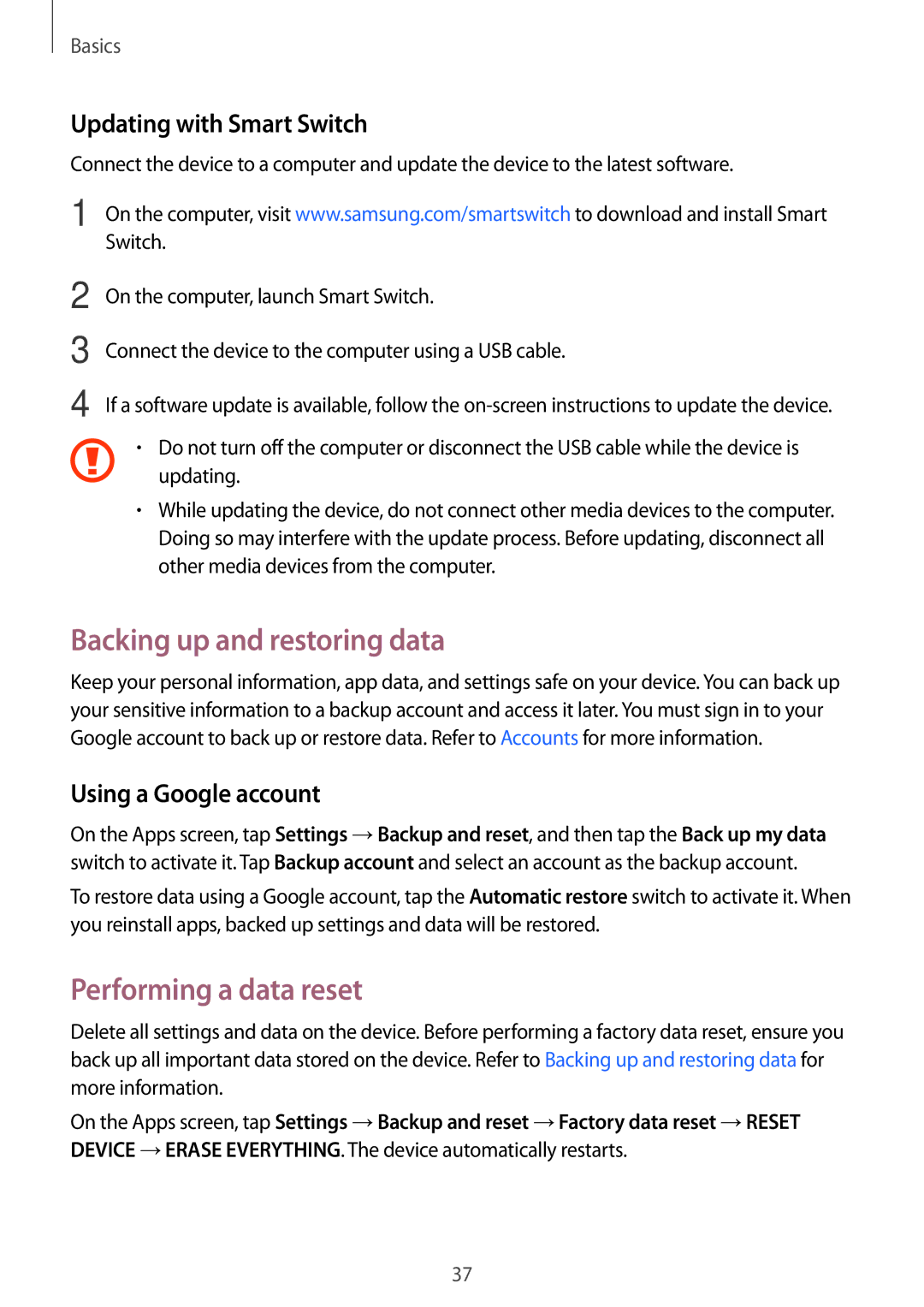 Samsung SM-J320FZKDEUR, SM-J320FZKDDBT Backing up and restoring data, Performing a data reset, Updating with Smart Switch 